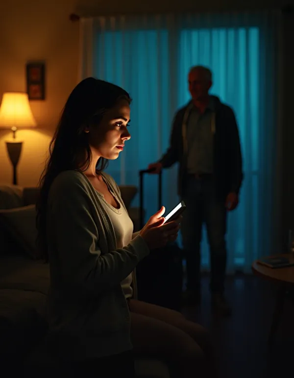 Tense, intimate living-room scene: worried sibling, vulnerable 19-year-old sister, unaware father.